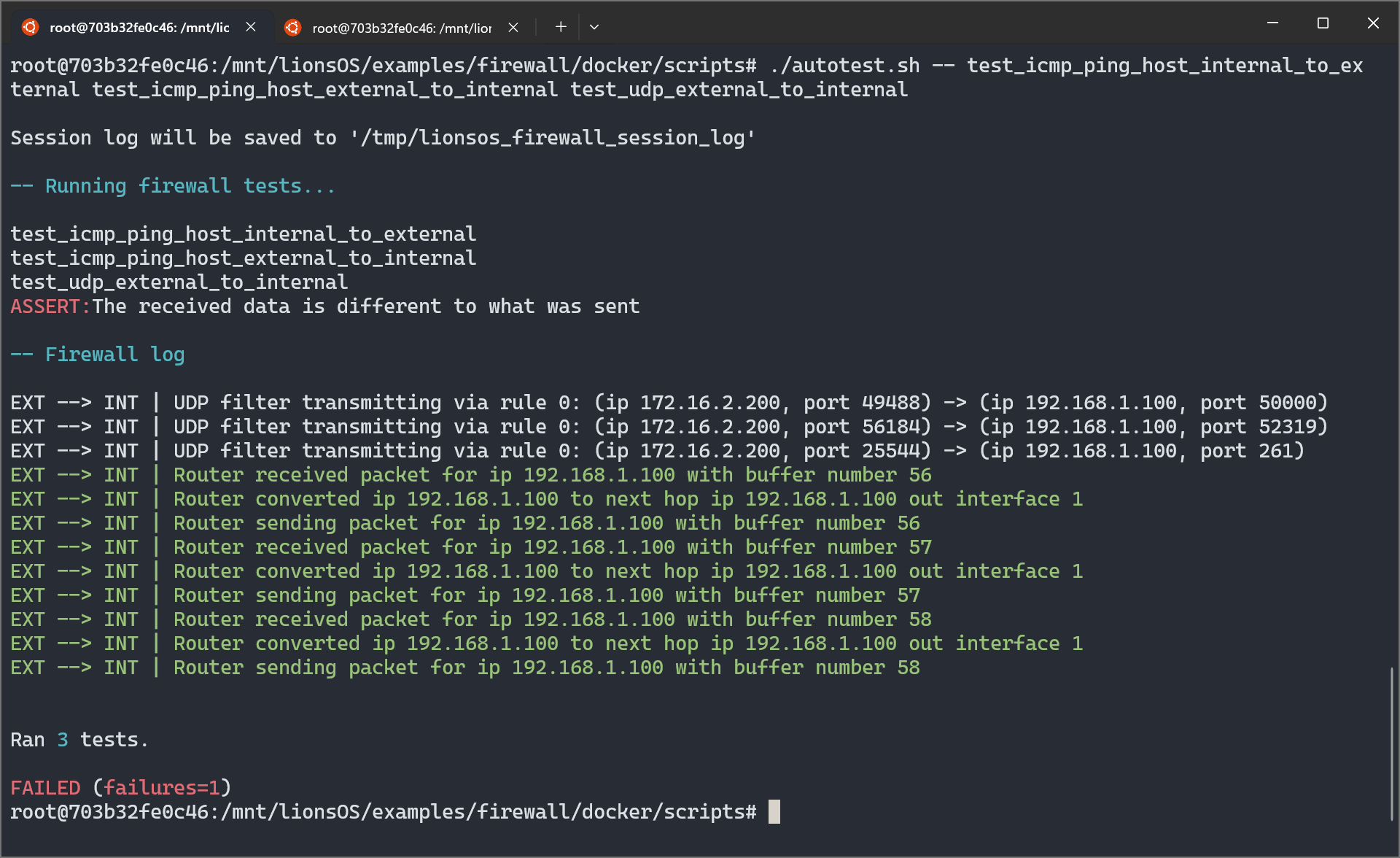 An image containing firewall log output following test failure.